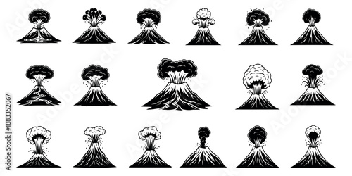 Stylized black and white volcano eruption set featuring various erupting volcanoes with smoke and lava for natural disaster and geography concepts