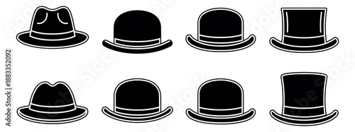 Line art men's hats set featuring fedora, bowler, and top hat styles for vintage fashion accessories