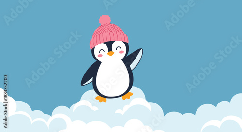 Cute little penguin character wearing a pink knitted winter beanie hat waving while standing on a soft white cloud against blue sky.