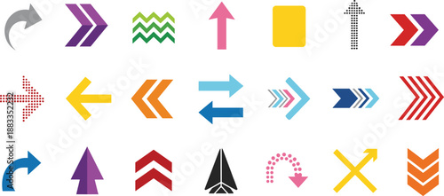Colorful arrow icon set, directional symbol collection, UI navigation graphics, design element variety, vector illustrations, isolated on white background