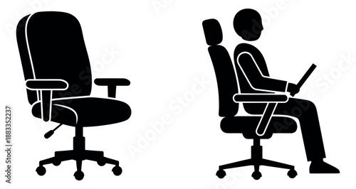 Minimalist graphic office chair set featuring an adjustable chair and a person working with a laptop for modern office design and workspace ergonomics