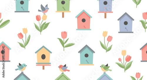 Beautiful spring seamless pattern with colorful wooden birdhouses, singing birds, and blooming tulips on a clean white background.