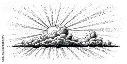 Hand drawn stipple art illustration of sun behind clouds depicting radiating light rays for nature themes