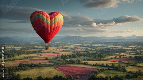 A whimsical hot air balloon in the shape of a heart floating over a scenic countryside, with vibrant fields below, 8k, realistic, full ultra HD, high resolution, cinematic photography