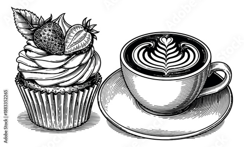 Hand drawn line art bakery and coffee set featuring a strawberry cupcake and a latte with artistic foam for cafe menus