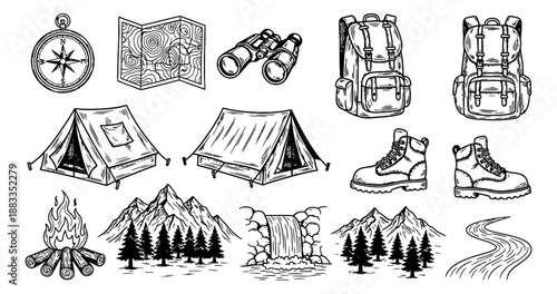 Hand drawn line art camping and hiking elements set featuring compass, map, tents, backpacks, boots, campfire, mountains, and waterfall for outdoor adventure activities