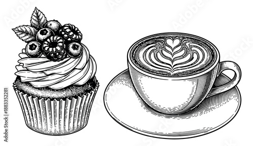 Hand drawn line art food and drink set featuring a cupcake with berries and a latte art coffee cup for cafe menus