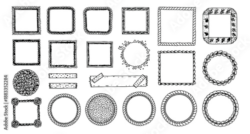 Hand drawn line art decorative frame and border elements set featuring various shapes for invitations, scrapbooking, or graphic design