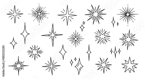 Line art sparkle and star set featuring various twinkling light shapes for festive design