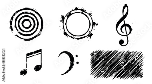 Distressed music symbols and abstract shapes set featuring a treble clef, bass clef, musical note, and grunge circle frames and a texture for creative design