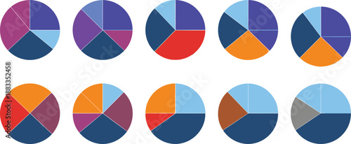 Colorful pie chart icon set, segmented data graphics, statistical visualization elements, infographic symbols, vector analytics design, isolated on white background