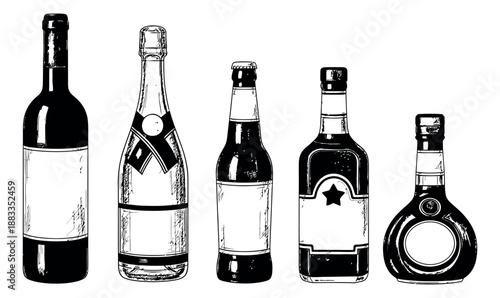 Hand drawn line art alcohol bottle set featuring various drinks like wine, champagne, beer, and liquor for celebration and beverage concepts