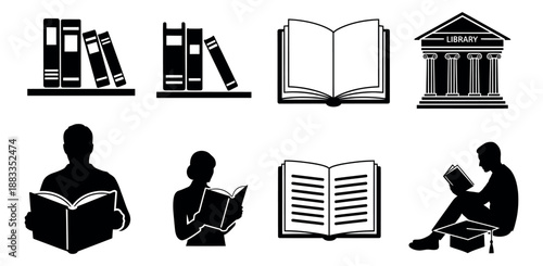 Simple icon book and reading set featuring books, library building, and people reading for education and knowledge