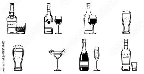 Hand drawn line art alcoholic drinks set featuring various bottles and glasses of whiskey, wine, beer, champagne, and cocktails for bars and menu design