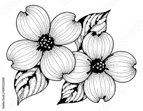 Hand drawn line art illustration of dogwood flowers depicting natural blooming for spring decoration