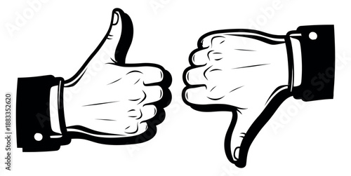 Graphic line art hand gestures set featuring thumbs up and thumbs down symbols for user feedback and evaluation