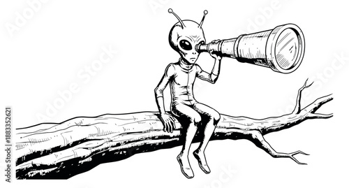 Hand drawn line art illustration of an alien depicting looking through a telescope while perched on a tree branch for discovery