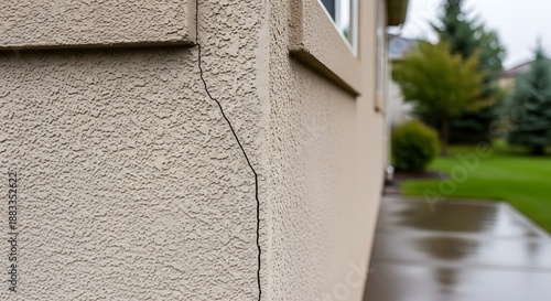 Vertical crack in beige stucco exterior wall of a house with wet sidewalk and garden background