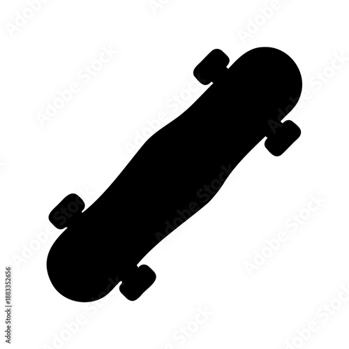 Stylized silhouette illustration of a black skateboard on a plain white background