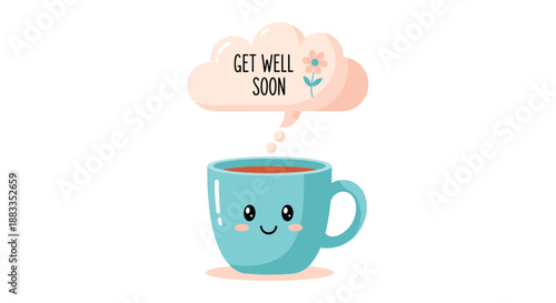 Cheerful get well soon greeting card design featuring a smiling blue coffee mug with a warm message in a fluffy thought bubble.