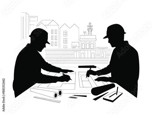 Architects reviewing blueprints isolated on white background, Vector, illustration