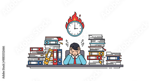Stressed office worker sitting at a desk overflowing with massive stacks of paper folders under a burning clock deadline symbol.