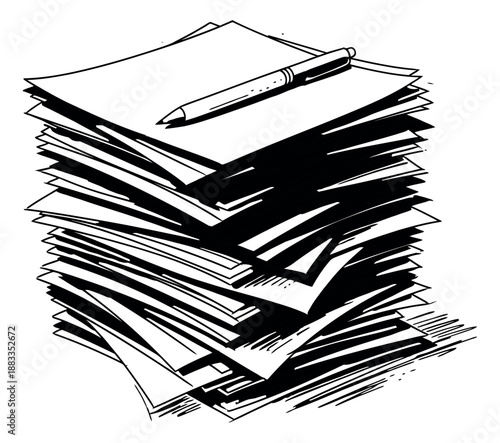 Hand drawn line art illustration of a tall stack of papers and a pen depicting business workload and administration for office use