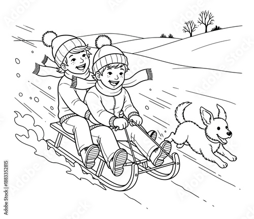 Hand drawn line art illustration of two boys and a dog depicting sledding down a snowy hill for winter holiday fun