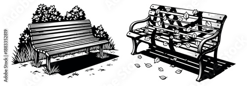 Hand drawn line art park benches set featuring garden seating with lush bushes and fallen autumn leaves for outdoor recreation