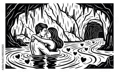 Graphic line art illustration of a loving couple depicting a romantic embrace in a cave river for romantic themes