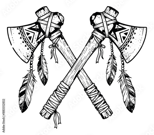Hand drawn line art illustration of two crossed tomahawks depicting tribal decorations and feathers for cultural designs