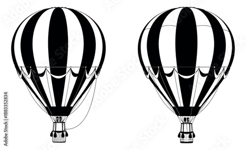Black and white graphic hot air balloon set featuring striped envelopes for travel and adventure