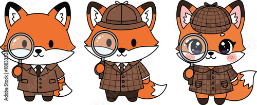 Vector Illustration Set of a Cute Cartoon Fox Character Dressed as a Professional Private Investigator or Detective Wearing a Deerstalker Hat and Trench Coat (25 words)