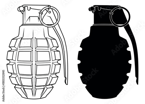 Black and white grenade set featuring a detailed line art illustration and a solid silhouette for security and danger concepts