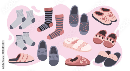 Cozy winter fashion flat lay with various warm patterned socks, plush slippers, and house shoes on a soft pink background.