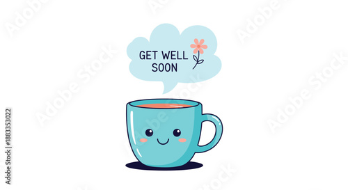 Sweet get well soon greeting illustration with a friendly blue character mug and a floral message bubble on a white background.