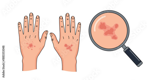 Comparison of hands with skin rashes and close up view through a magnifying glass for dermatological examination.