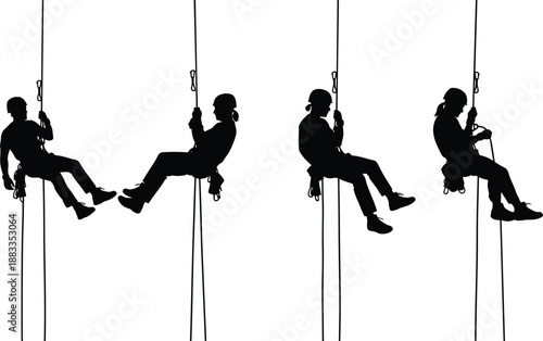 Industrial rope access worker descending on safety harness black silhouette illustration for construction, maintenance, climbing and rescue concept