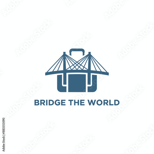Suspension bridge and travel suitcase icon for international tourism agency or global luggage brand identity named BRIDGE THE WORLD.