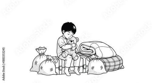 Melancholy black and white illustration of a young boy sitting on a suitcase surrounded by bags and bundles of belongings.