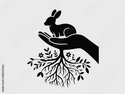 Hand holding rabbit over roots isolated on white background, Vector, illustration