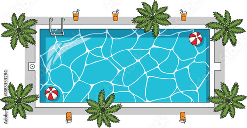 Vector Illustration of a Swimming Pool From Above Featuring Blue Water Ripples Palm Trees Beach Balls and Refreshing Summer Drinks for Vacation Design (24 words)