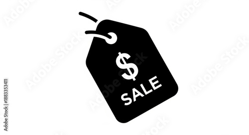 A black and white vector graphic of a sale tag with a dollar sign