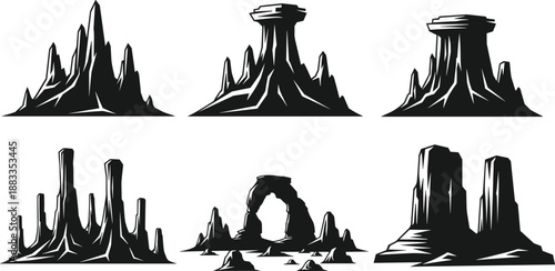Desert rock formation silhouette collection with mesas arches and canyon cliffs black vector landscape illustration set