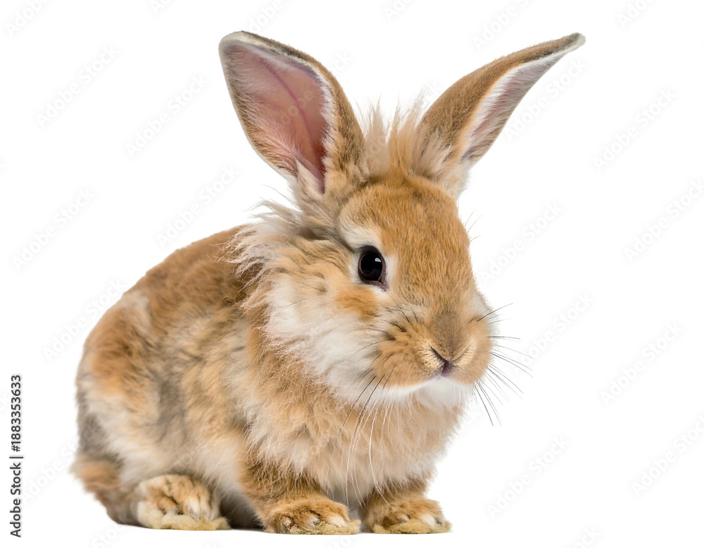 Fototapeta premium A fluffy, tan-colored bunny rabbit with long ears and a slightly turned head, isolated