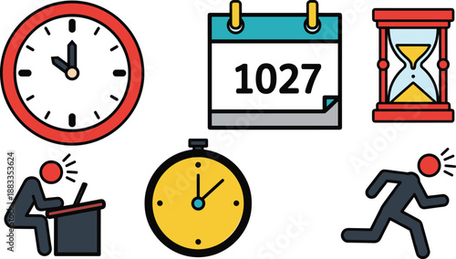 A person is running while surrounded by time-keeping devices including clocks and a calendar