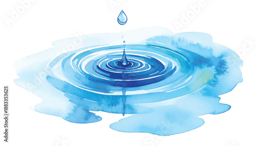 Watercolor painting of a water droplet creating ripples in blue illutrastion transparent background