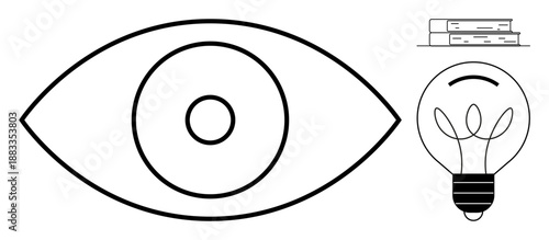Education, innovation, research, ideas, creativity, vision. Large eye symbol with books and light bulb illustration. Education and innovation emphasizing research and creativity