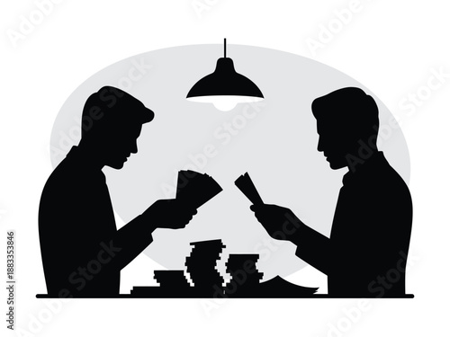 Two men playing poker isolated on white background, Vector, illustration