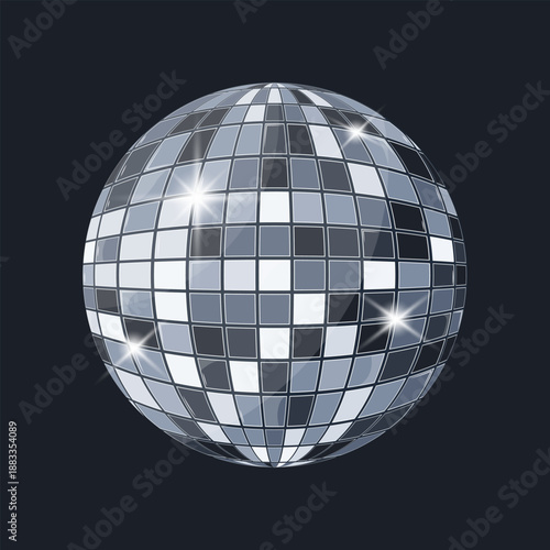 Futuristic blue steel chrome disco ball with mirror reflective surface on dark background. Cold metallic sphere with steel blue undertones and geometric facets. Modern technology and sci fi style illu
